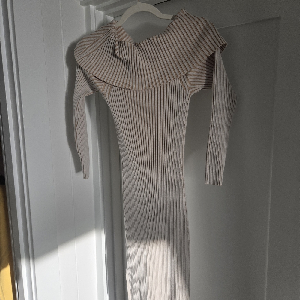 Anthropologie Tan and White Asymmetrical Ribbed Bodycon Dress